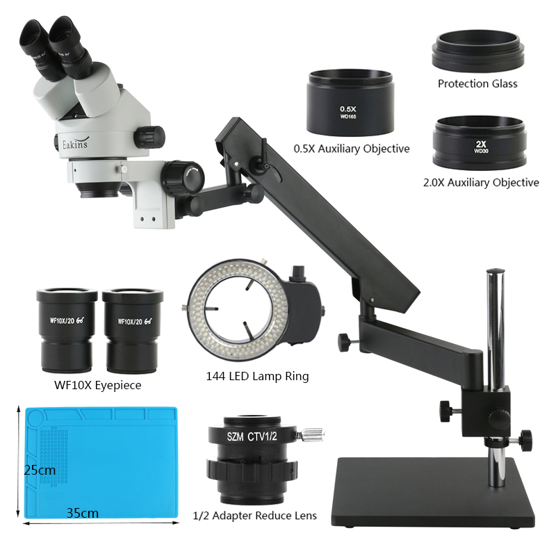 Trinocular Stereo Microscope 7X-45X - Base de mesa com braço articulado,